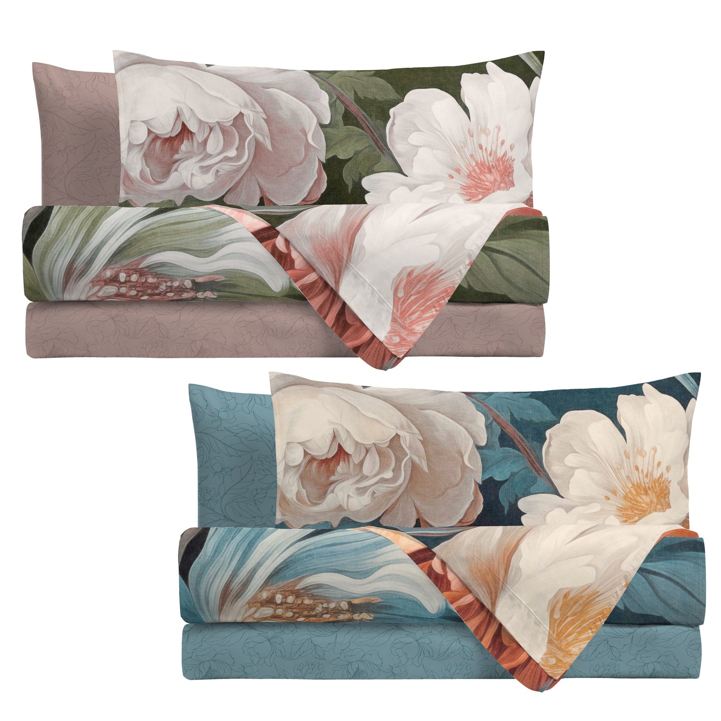 Completo Letto Absinthe Margaux - 100% Cotone - Tema Floreale - 1 Design in 2 Varianti Colore - 1 Piazza, 1 Piazza e Mezzo, Matrimoniale