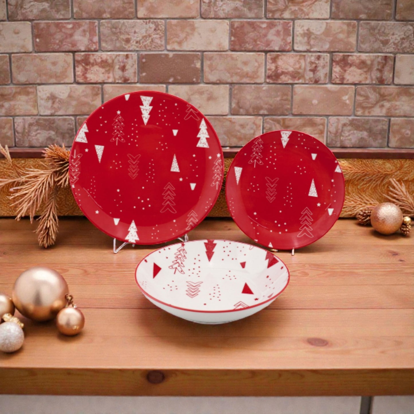Servizio Piatti Natale in Ceramica 18 Pezzi Rosso e Bianco