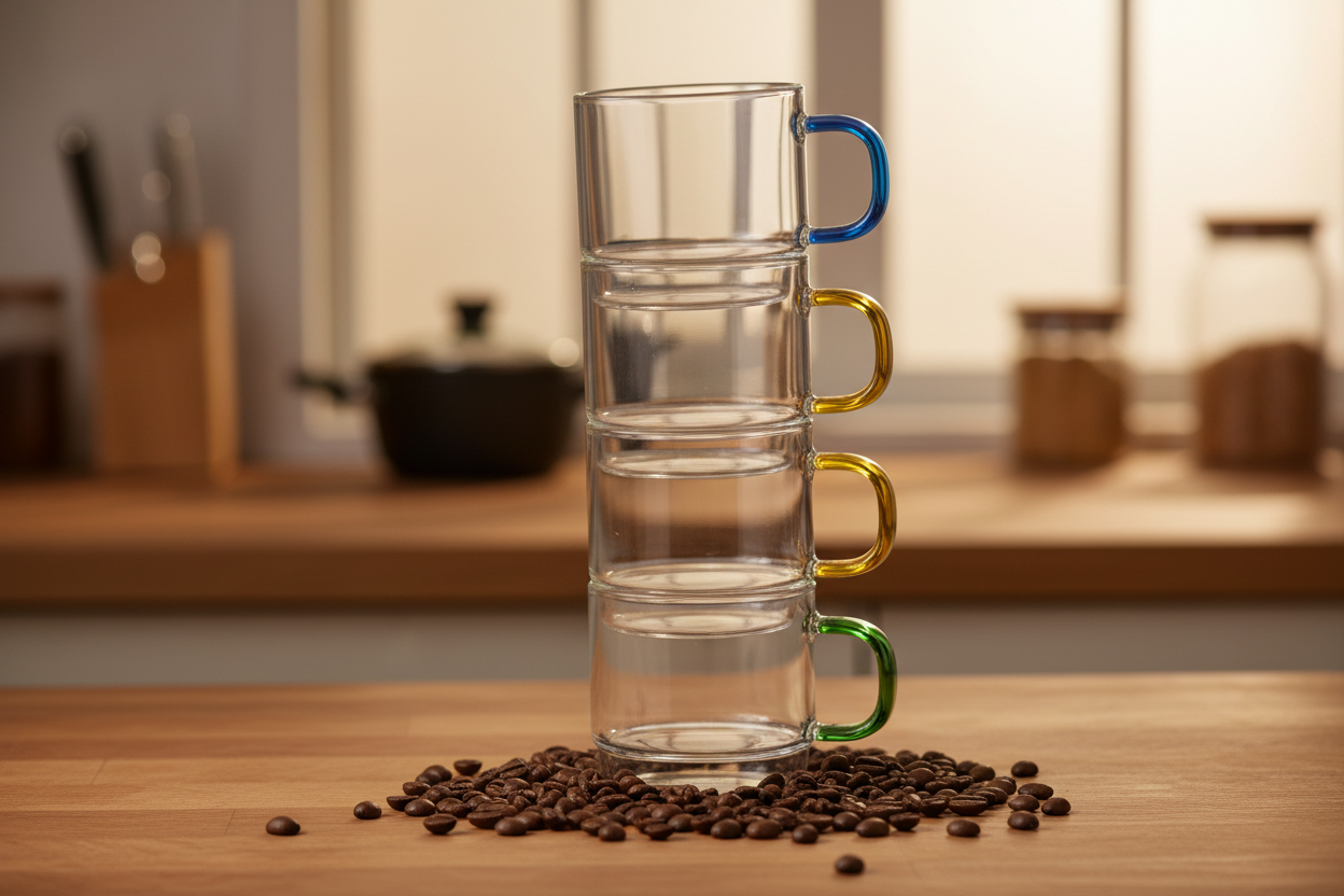 Tazzine Caffè Impilabili Brandani Bridge Set 4 Pezzi – Vetro con Manici Colorati Salvaspazio