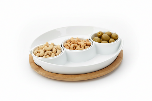 Antipastiera porcellana bianca con supporto bamboo – 5 ciotole 31,5x20,5 cm