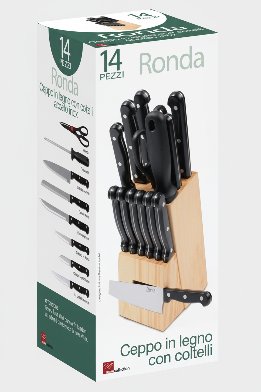 Ceppo Coltelli 14 Pezzi Ronda con Supporto in Legno – Set Completo Cucina Acciaio Nero