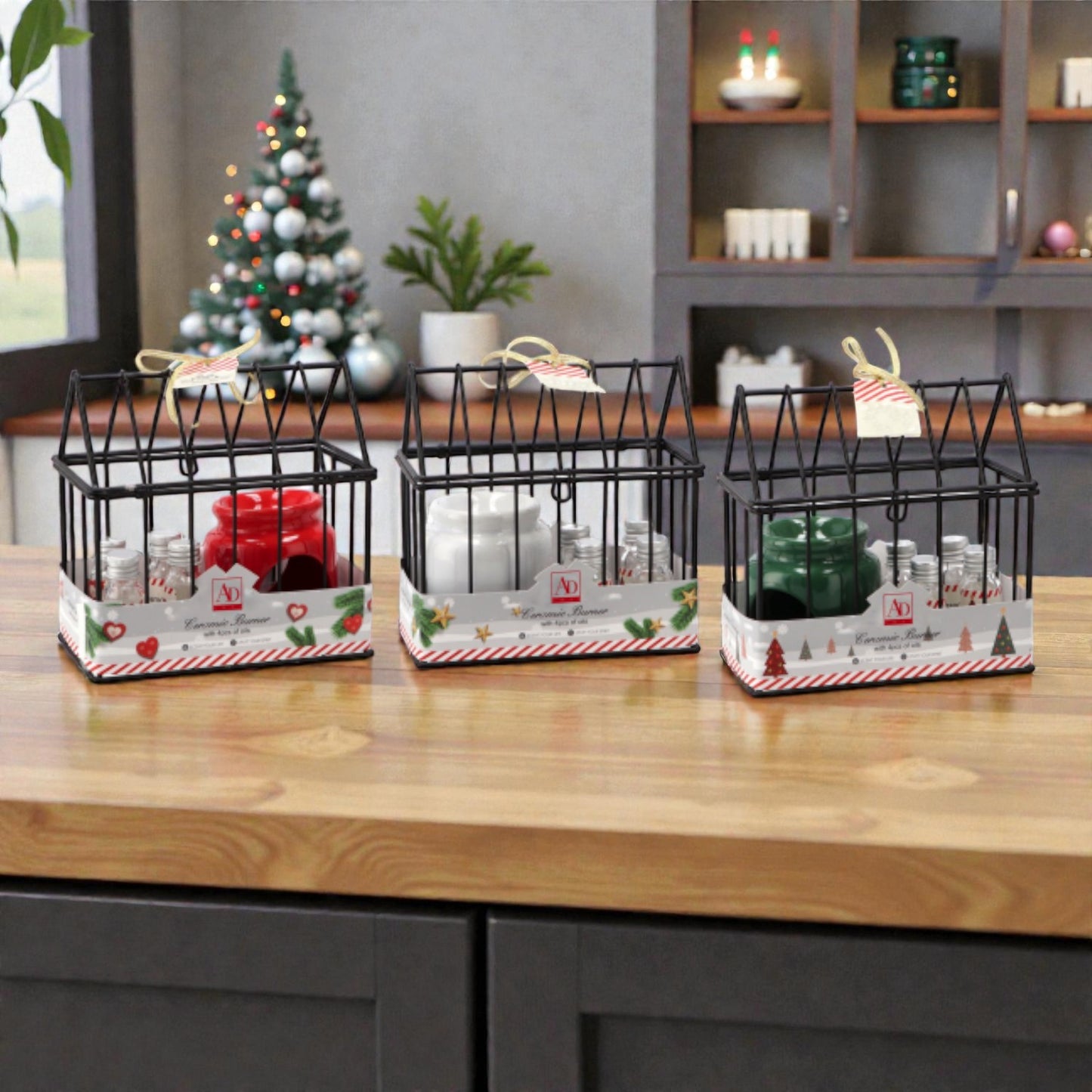 3 Kit candele brucia oli essenziali, ambientato in una casa accogliente e festiva.