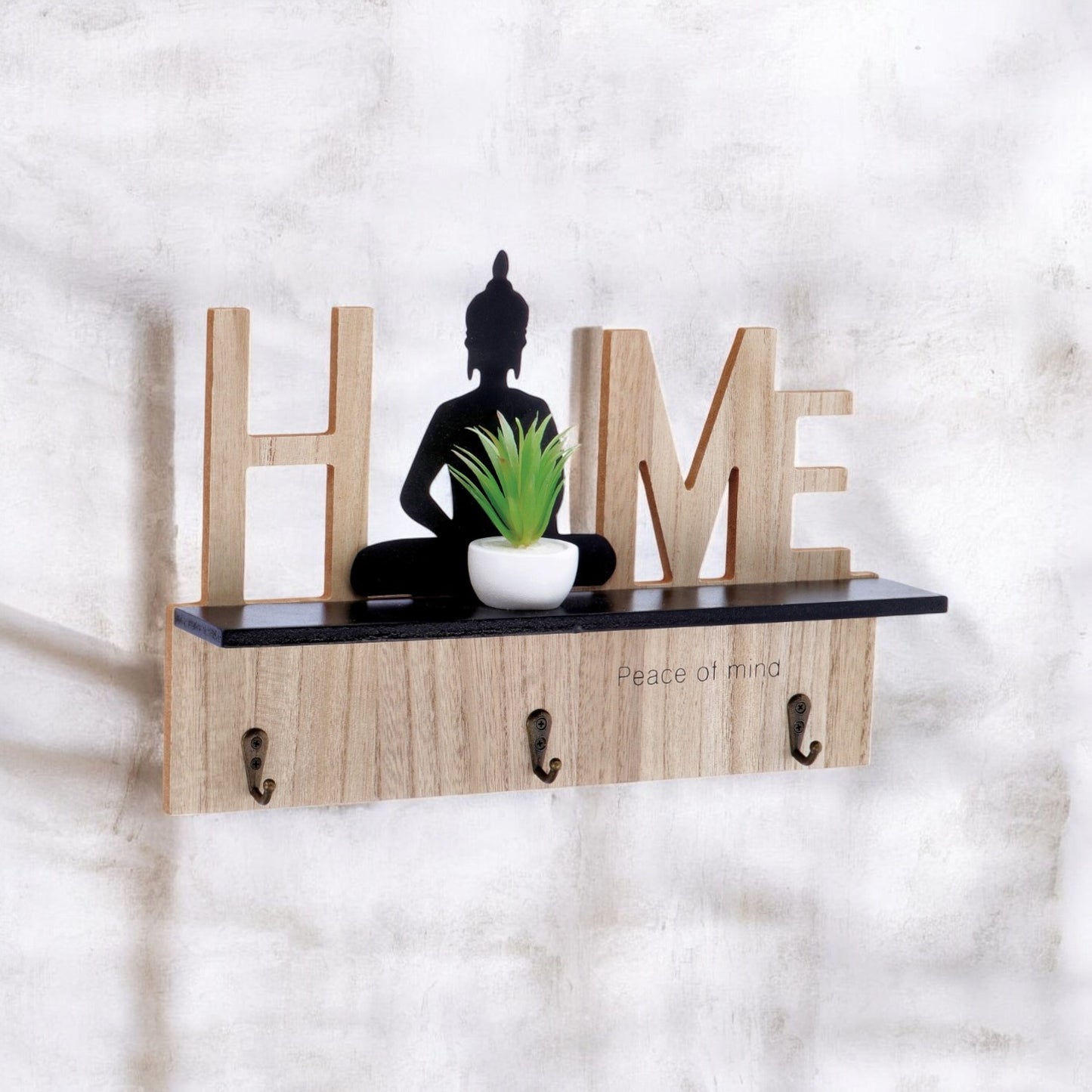 Mensola da Parete e Appendiabiti con Buddha Decorativo e 3 Ganci