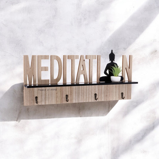 Mensola da Parete e Appendiabiti con Buddha Decorativo e 3 Ganci