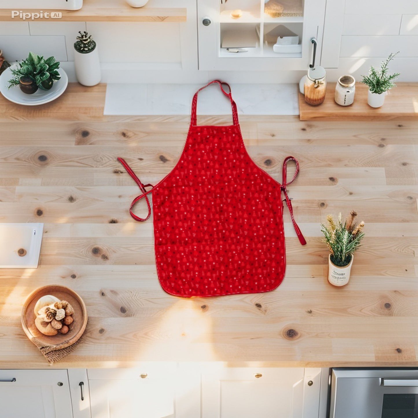 Grembiule Antimacchia Natalizio in Tessuto "Melin" - Rosso - 3 Decorazioni assortite