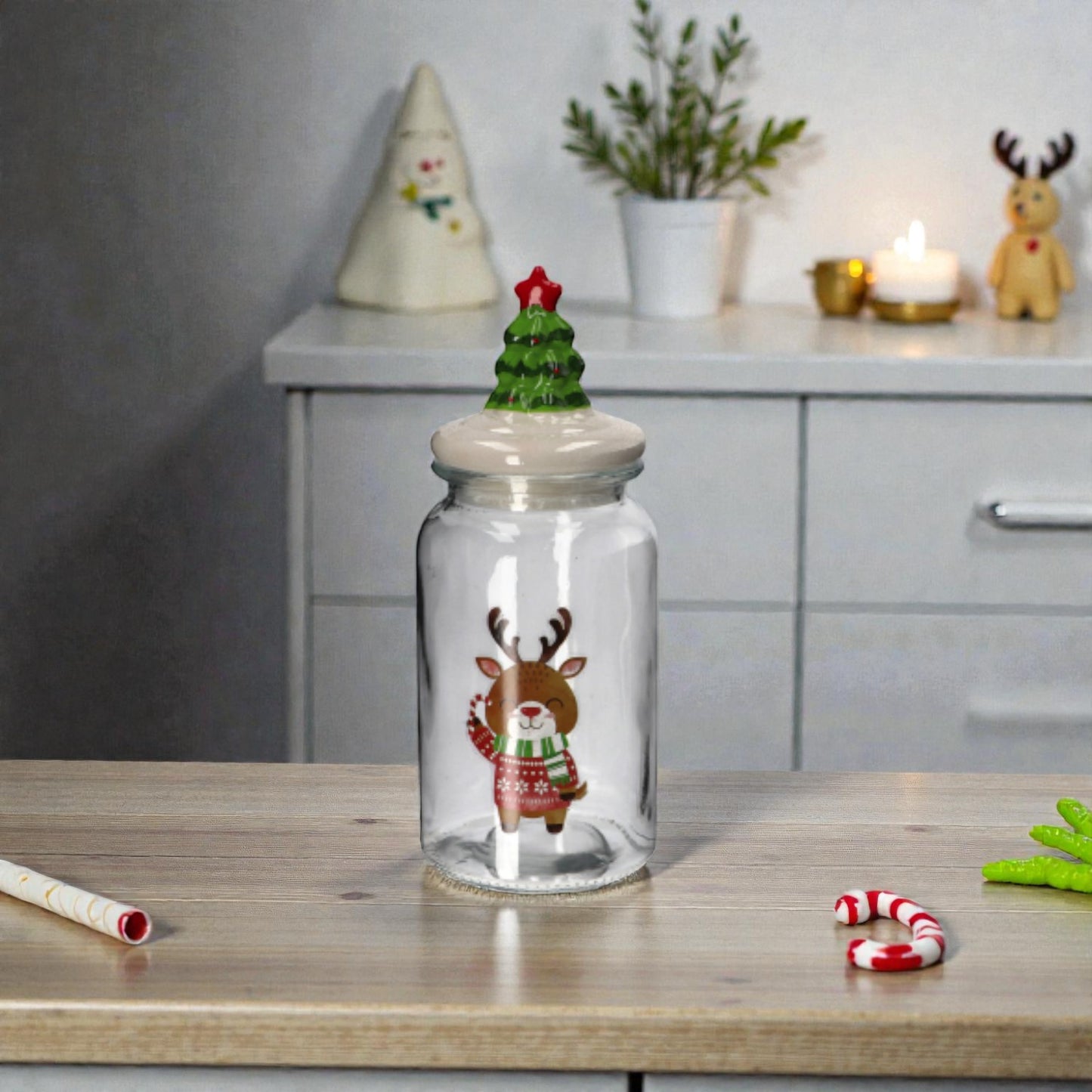 Barattolo di Natale in Vetro con Coperchio in Ceramica 3 Decori e Dimensioni