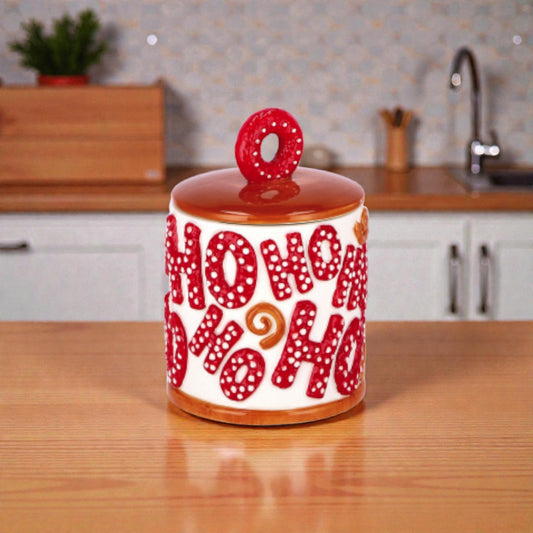 Contenitore Scatola Natalizia in Ceramica Cilindrica - Scritta "HO HO HO"