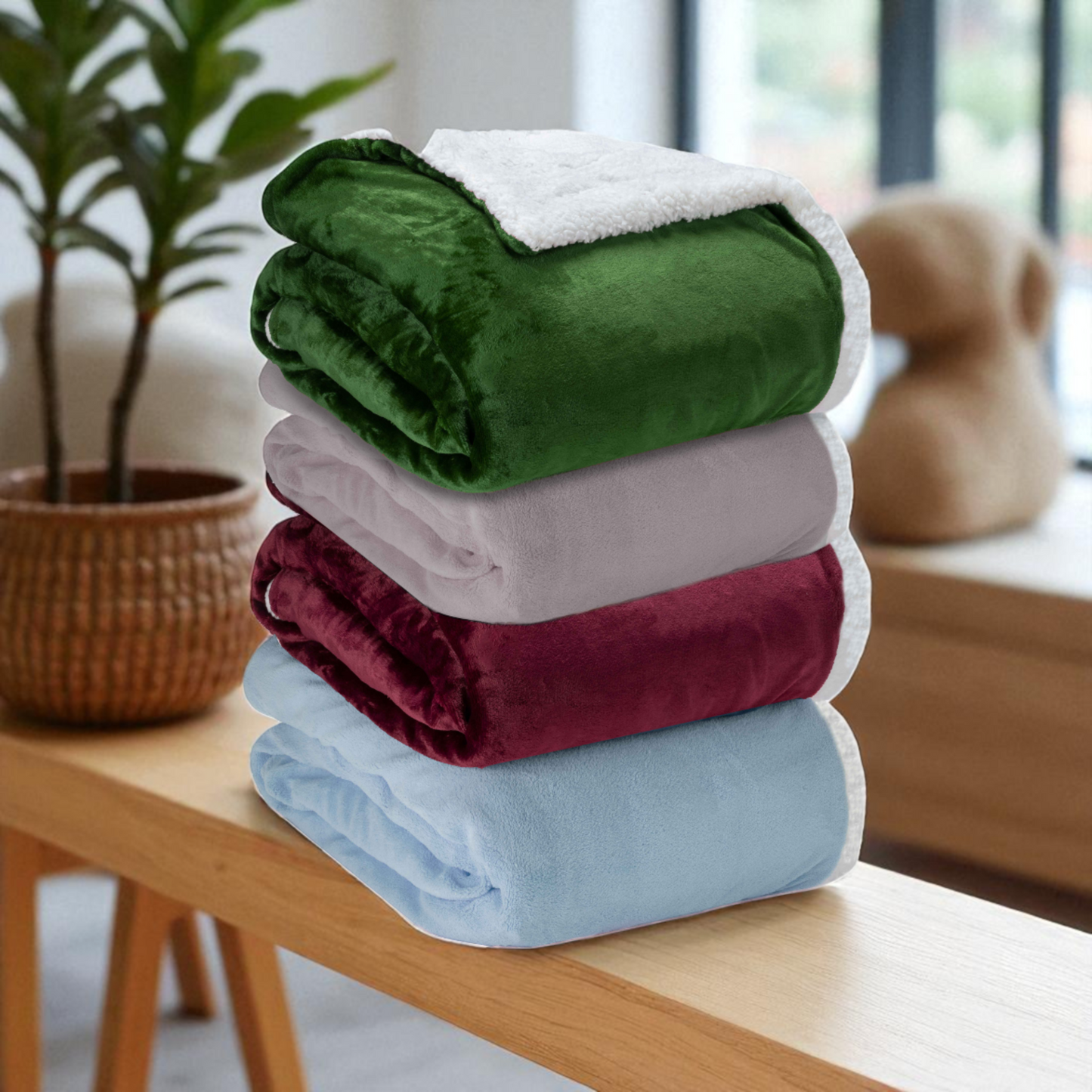Coperta Flannel Sherpa Tinta Unita - 100% Poliestere - Dimensioni 150x200 cm, 120x160 cm