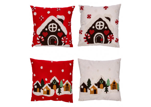 Cuscino in Tessuto Natale - Decori Casetta e Paesaggio Natalizio - 45x45 cm - Rosso - Bianco