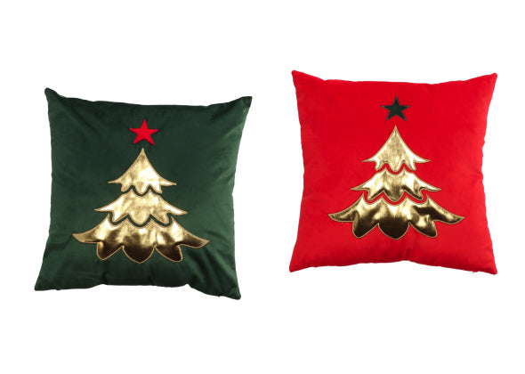 Cuscino in Tessuto con Decoro Albero di Natale Dorato - Dimensioni 45x45cm - Rosso e Verde
