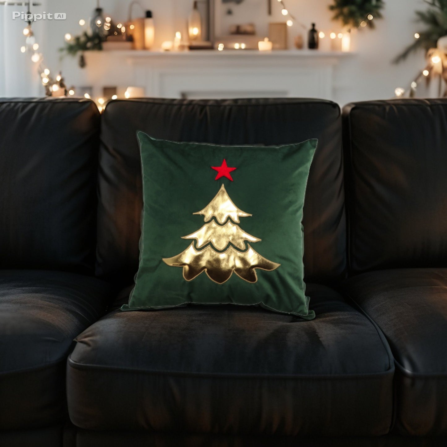 Cuscino in Tessuto con Decoro Albero di Natale Dorato - Dimensioni 45x45cm - Rosso e Verde
