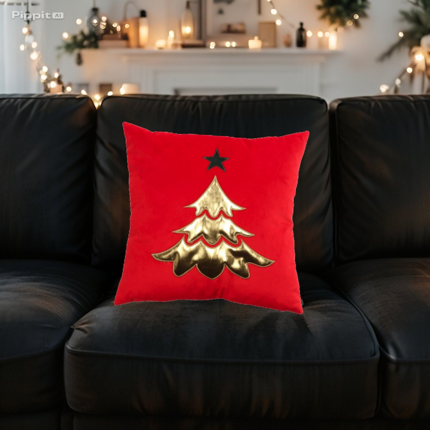 Cuscino in Tessuto con Decoro Albero di Natale Dorato - Dimensioni 45x45cm - Rosso e Verde