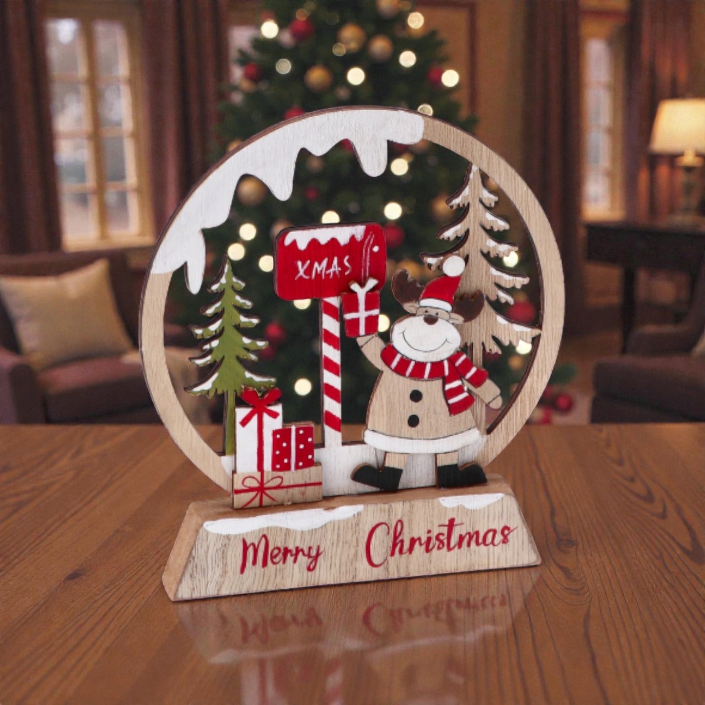 Decorazione di natale in mdf ambientata in una casa accogliente a natale.