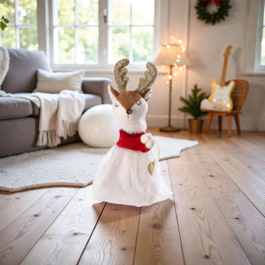 Decorazio di natale a forma di Renna volpe di natale con vestito festivo bianco
