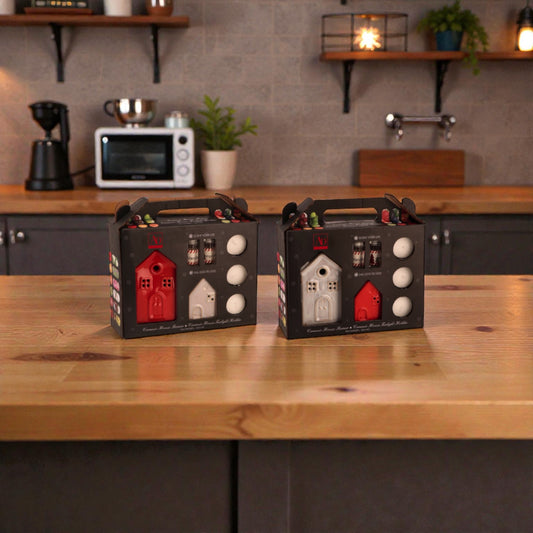 Kit candele brucia oli essenziali, ambientato in una casa accogliente e festiva.