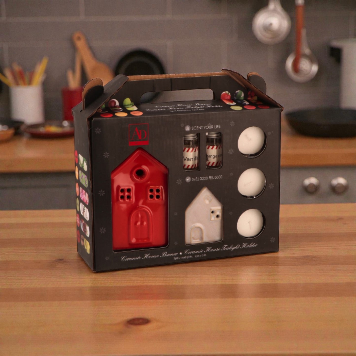 Kit candele brucia oli essenziali, ambientato in una casa accogliente e festiva.