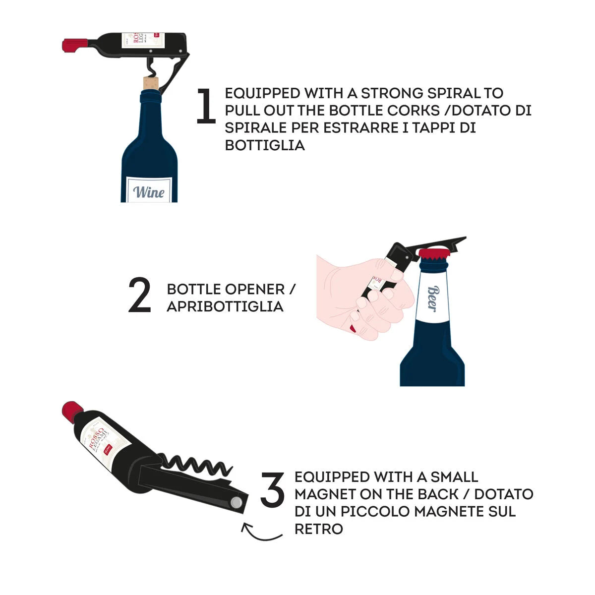 Apribottiglie Legami a forma di Bottiglia, con funzione cavatappi e stappa bottiglie.
Venduto da Prodomo negozio online di Casalinghi