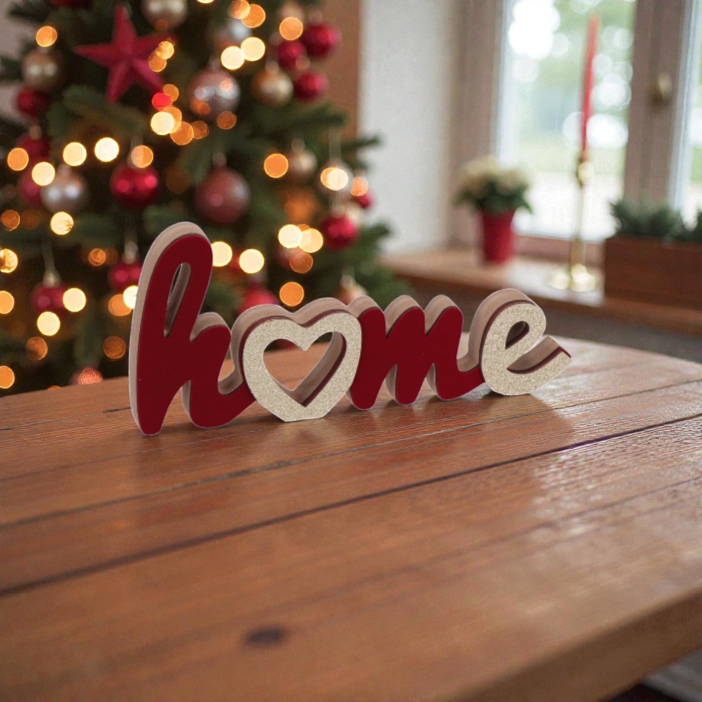 Decorazione in mdf natalizia con scritta HOME doarata e rossa.