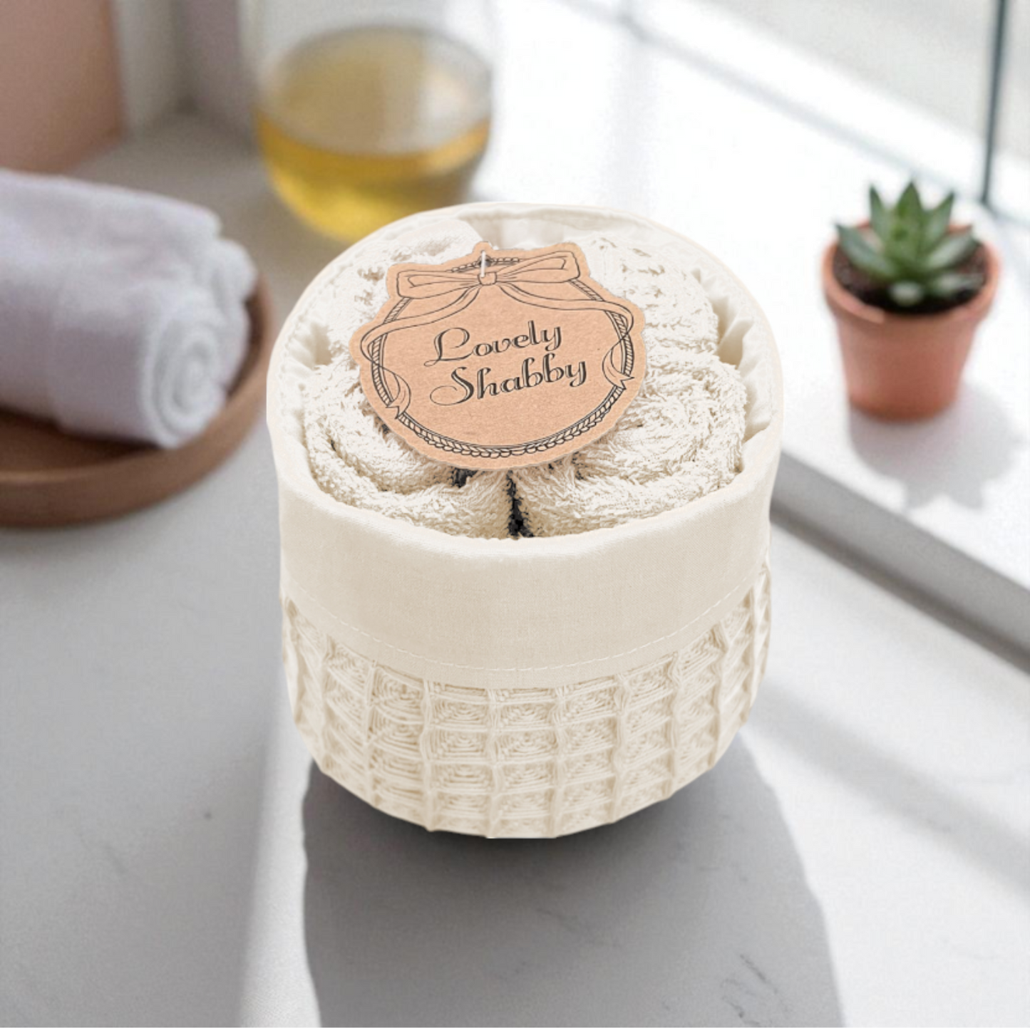 Honey – Set 4 lavette con cestino – colori assortiti: grigio, sabbia, bianco