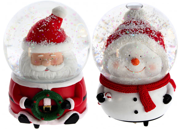 Palla di neve Natalizia a forma di babbo natale e pupazzo di neve con la testa dentro la sfera.