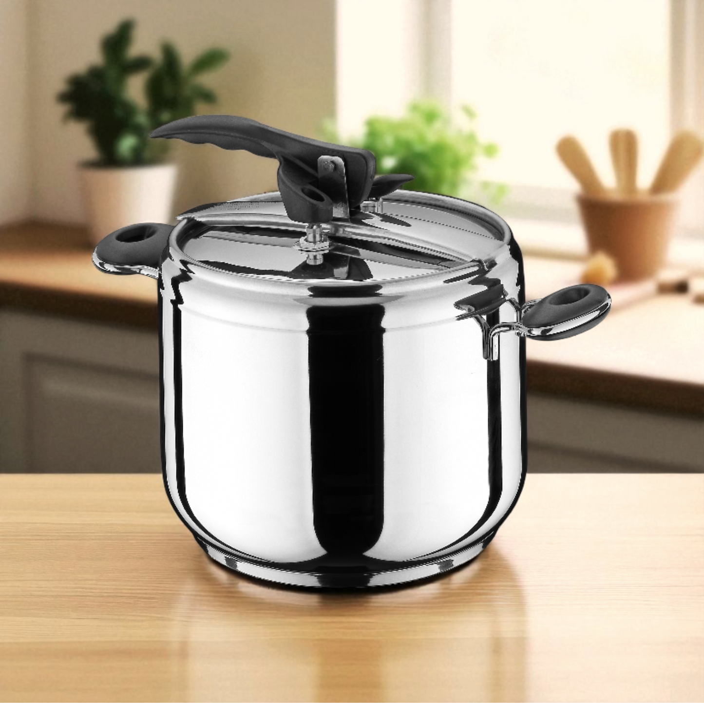 Pentola a pressione finitura lucida cromata ambientato in una cucina. Venduto da Prodomo negozio online di Casalinghi.