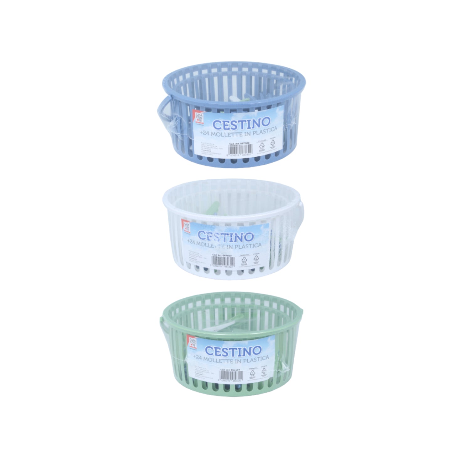 Cestino con 24 Mollette in Plastica “Casa con Te” – 3 Colori Assortiti