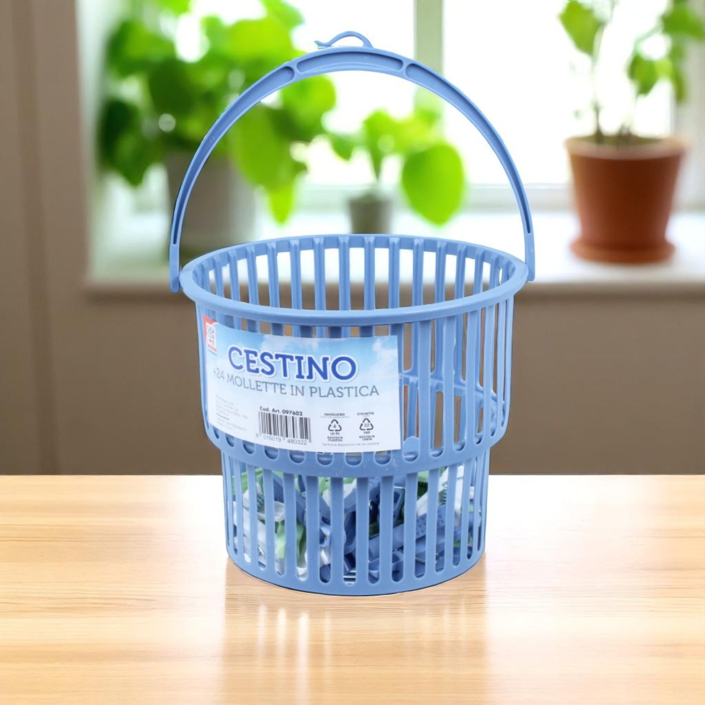 Cestino con 24 Mollette in Plastica “Casa con Te” – 3 Colori Assortiti