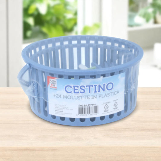 Cestino con 24 Mollette in Plastica “Casa con Te” – 3 Colori Assortiti