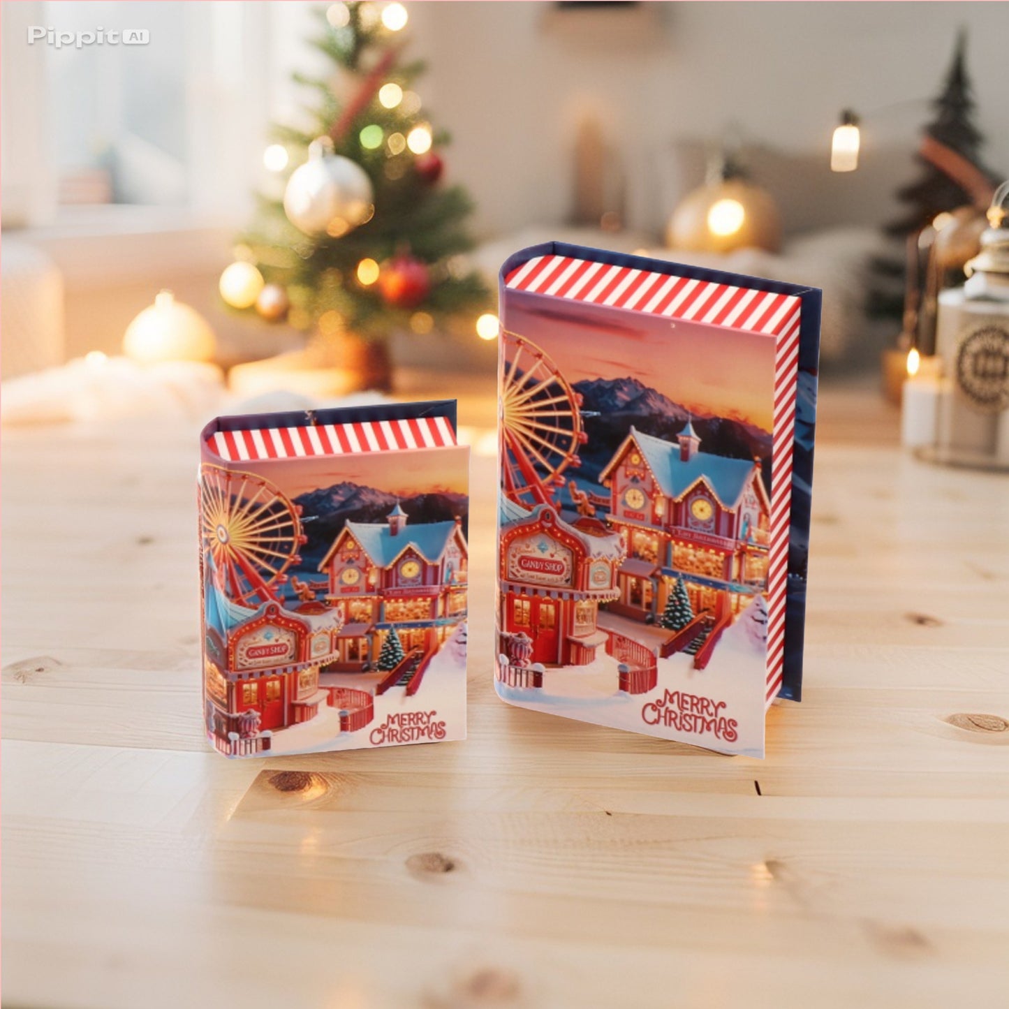 Set 2 Pacco Regalo Natale a Forma di Libro - 2 decori assortiti