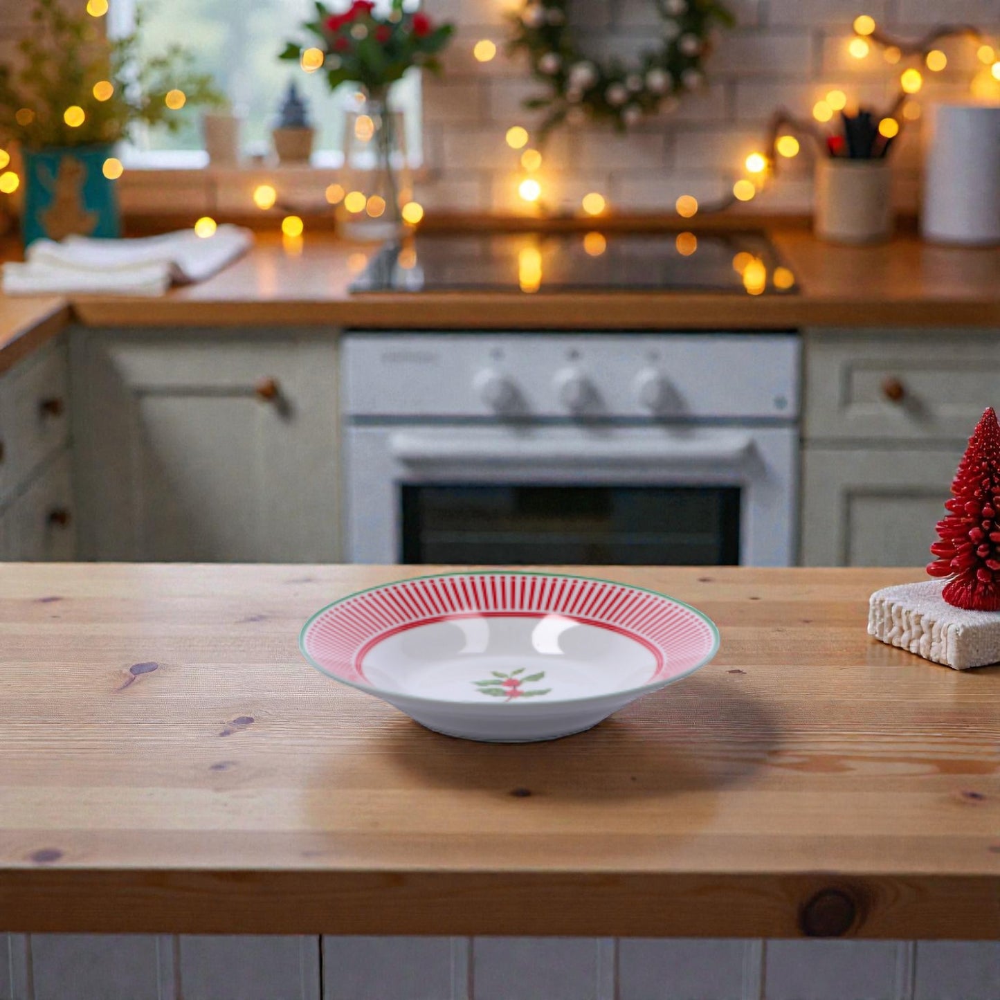 Piatto di natale con disegno vichio e righe rosse e verde, in una cucina natalizia