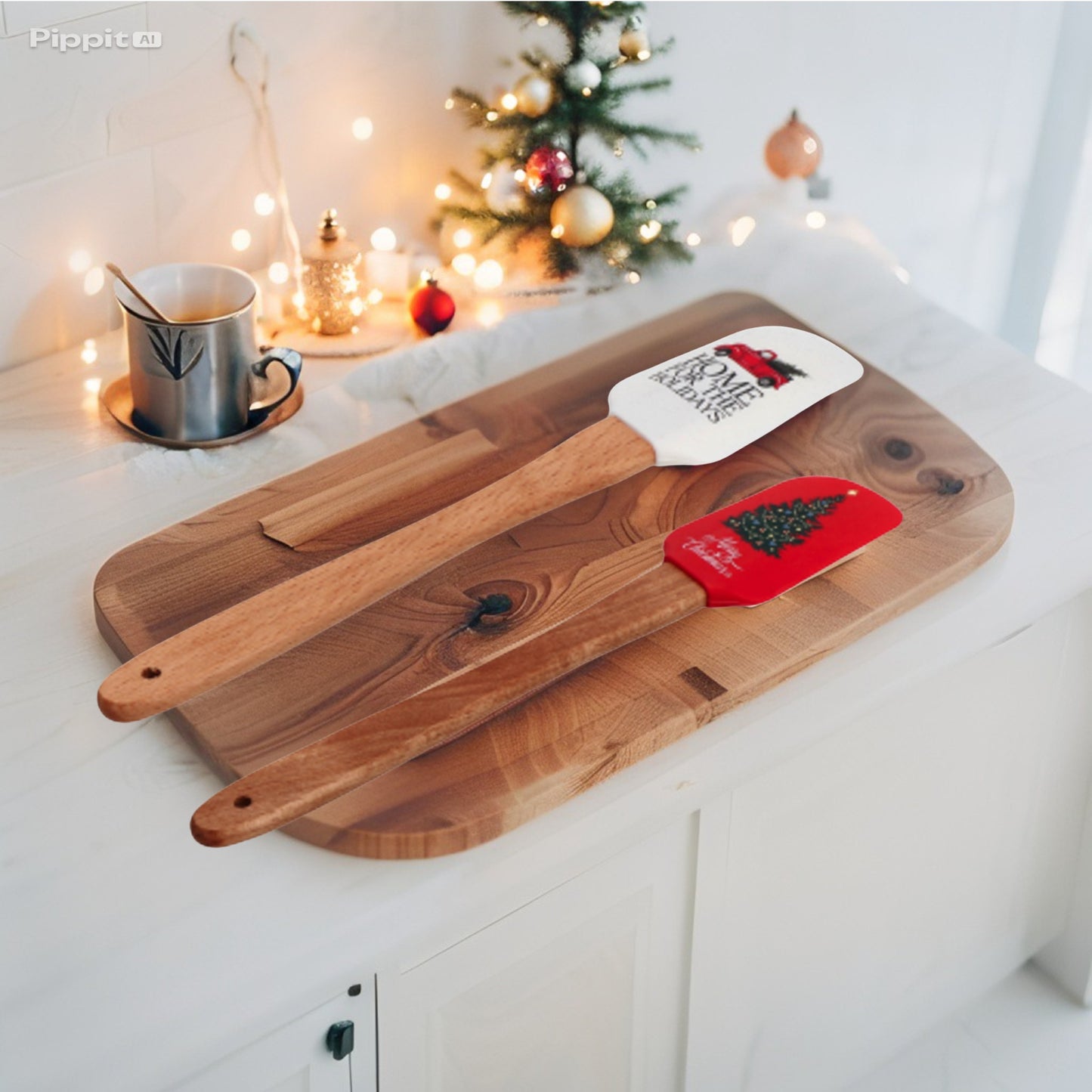 Set 2 Spatole in Silicone Natalizie con Manico in Legno - 2 colori assortiti