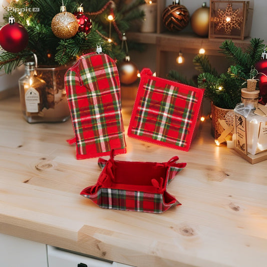 Set Natale Holly - 3 Pezzi da Cucina in Misto Cotone - Guanto, Presina e Cestino