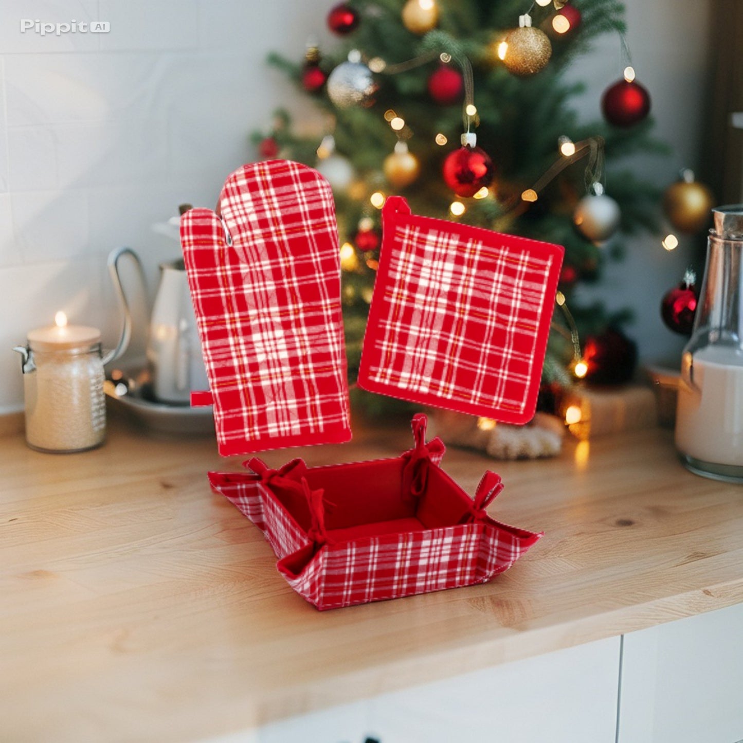 Set Natale Holly - 3 Pezzi da Cucina in Misto Cotone - Guanto, Presina e Cestino