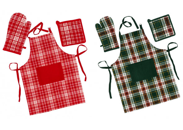 Set 3 Pezzi da Cucina Natale Holly - Misto Cotone - Guanto Presina e Grembiule
