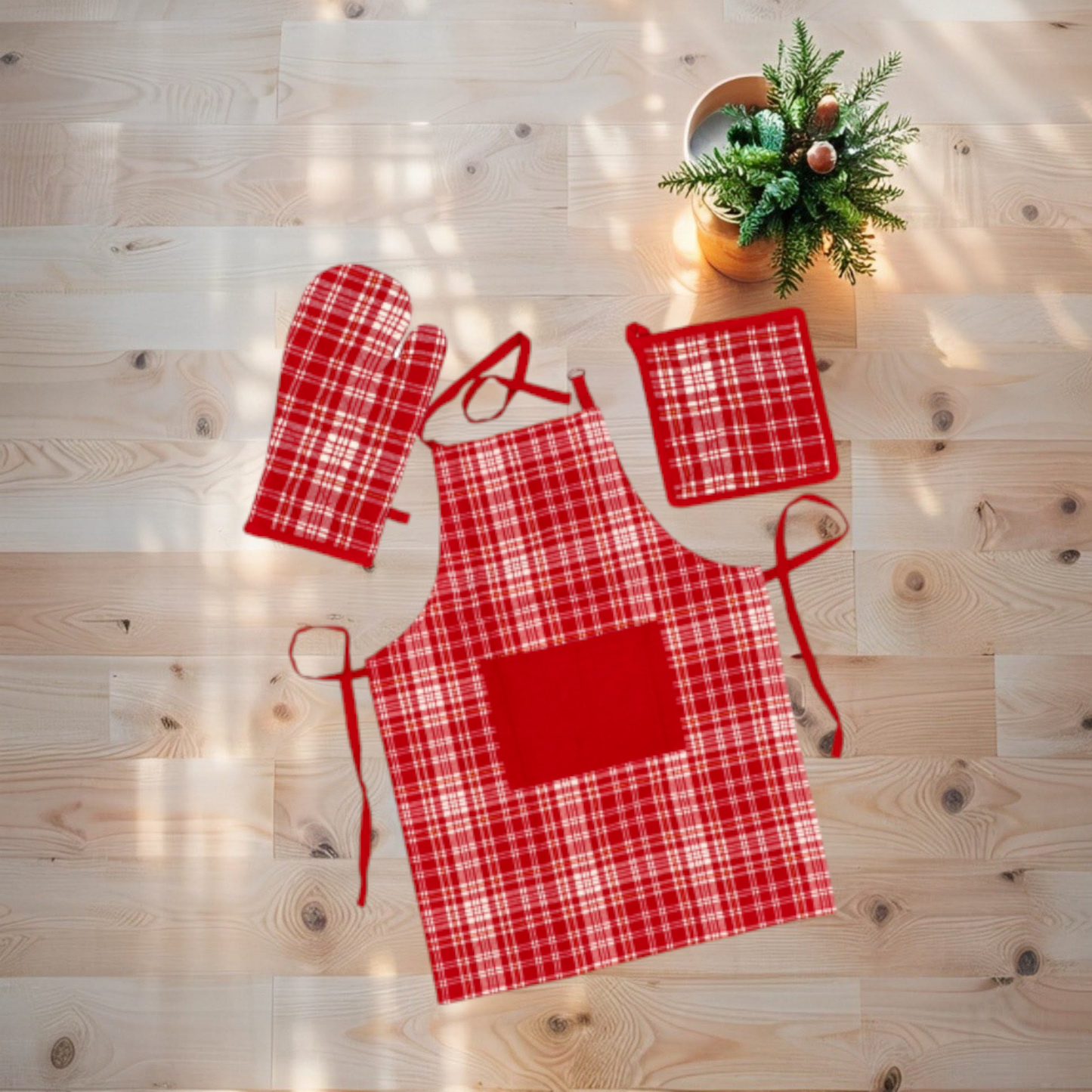 Set 3 Pezzi da Cucina Natale Holly - Misto Cotone - Guanto Presina e Grembiule