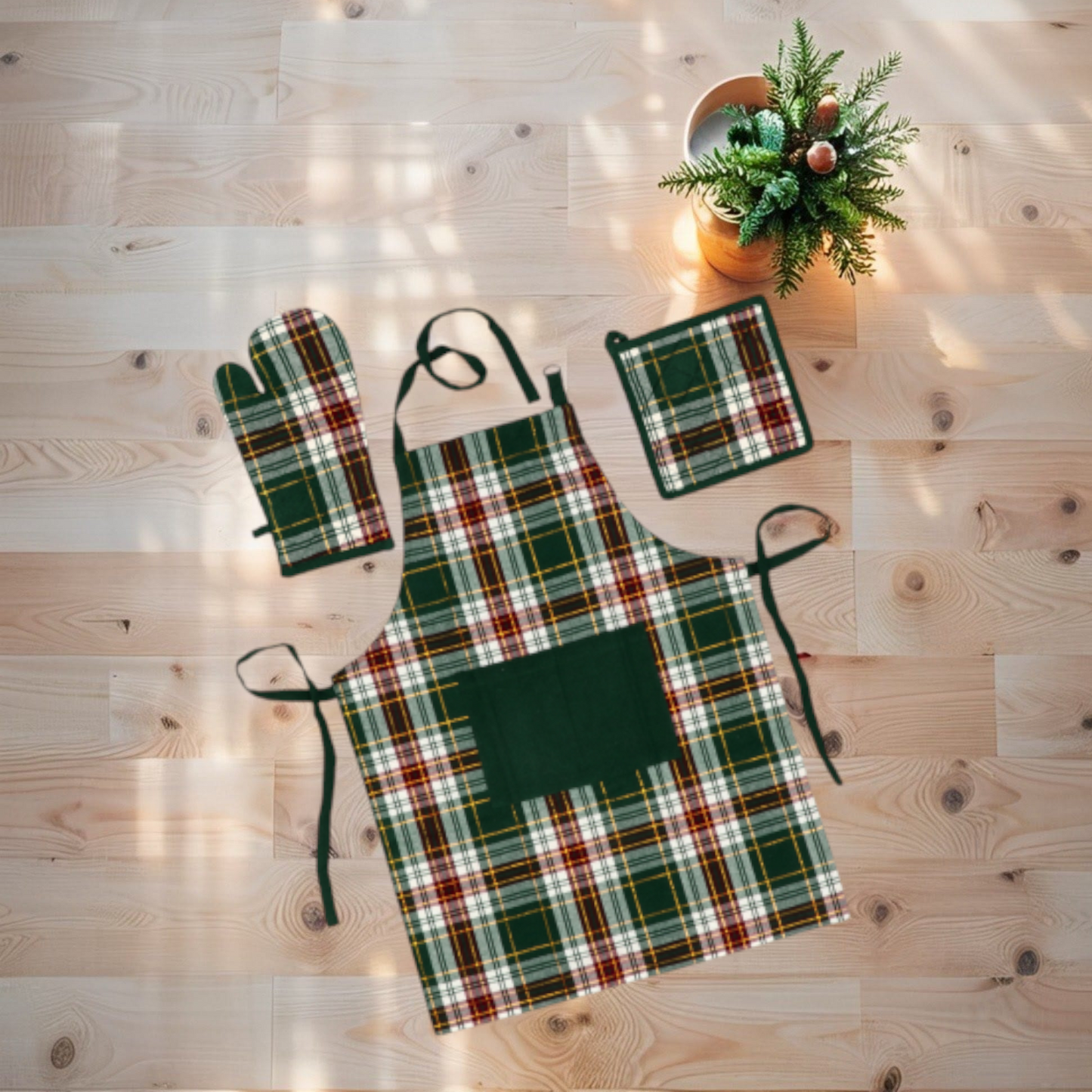 Set 3 Pezzi da Cucina Natale Holly - Misto Cotone - Guanto Presina e Grembiule