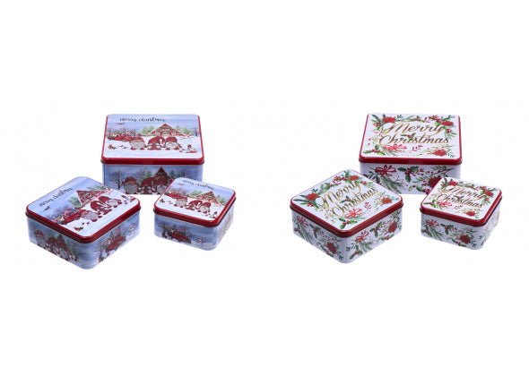 Set 3 Scatole Quadrate Natale in Latta - 2 decori assortiti