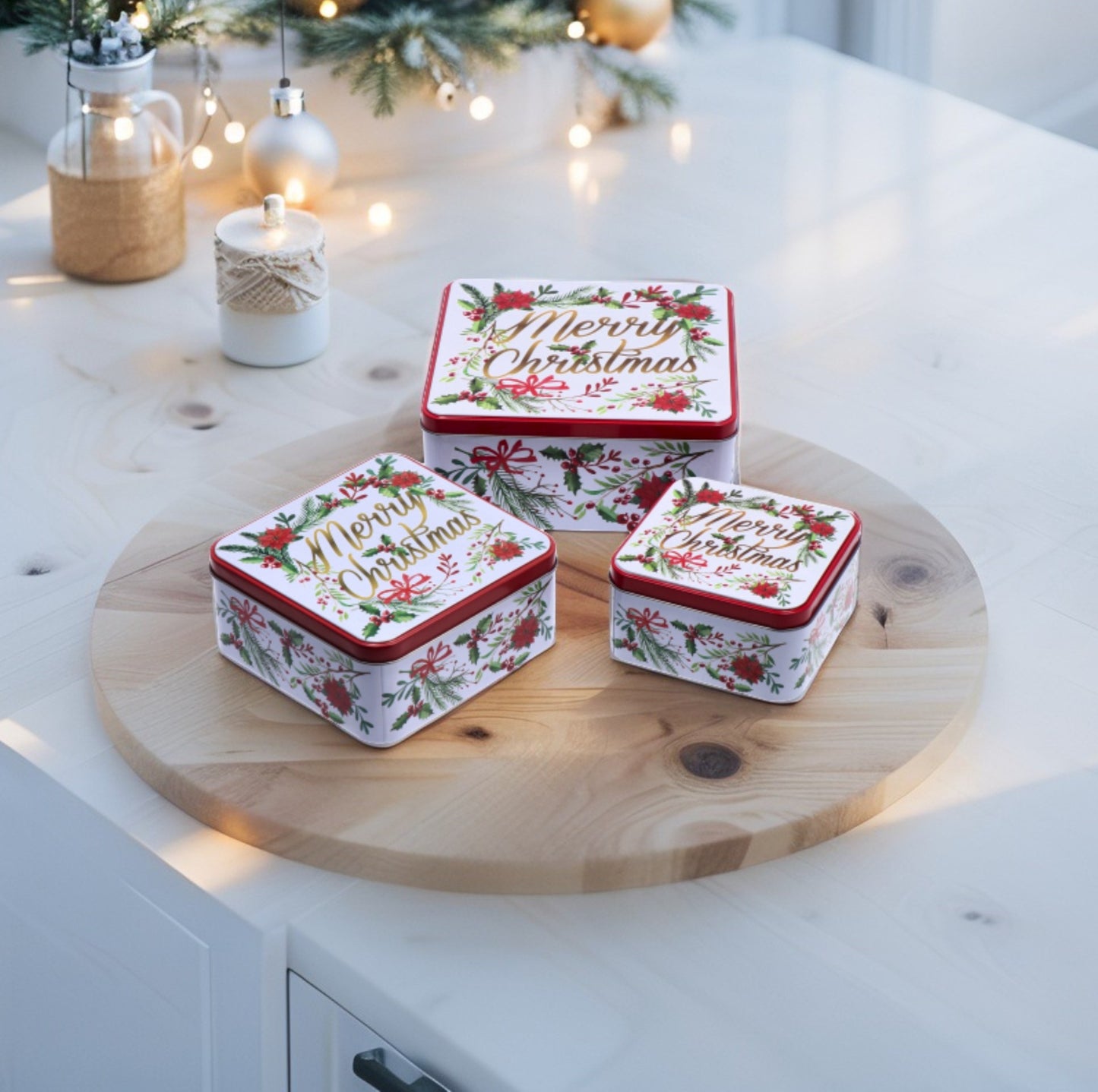 Set 3 Scatole Quadrate Natale in Latta - 2 decori assortiti