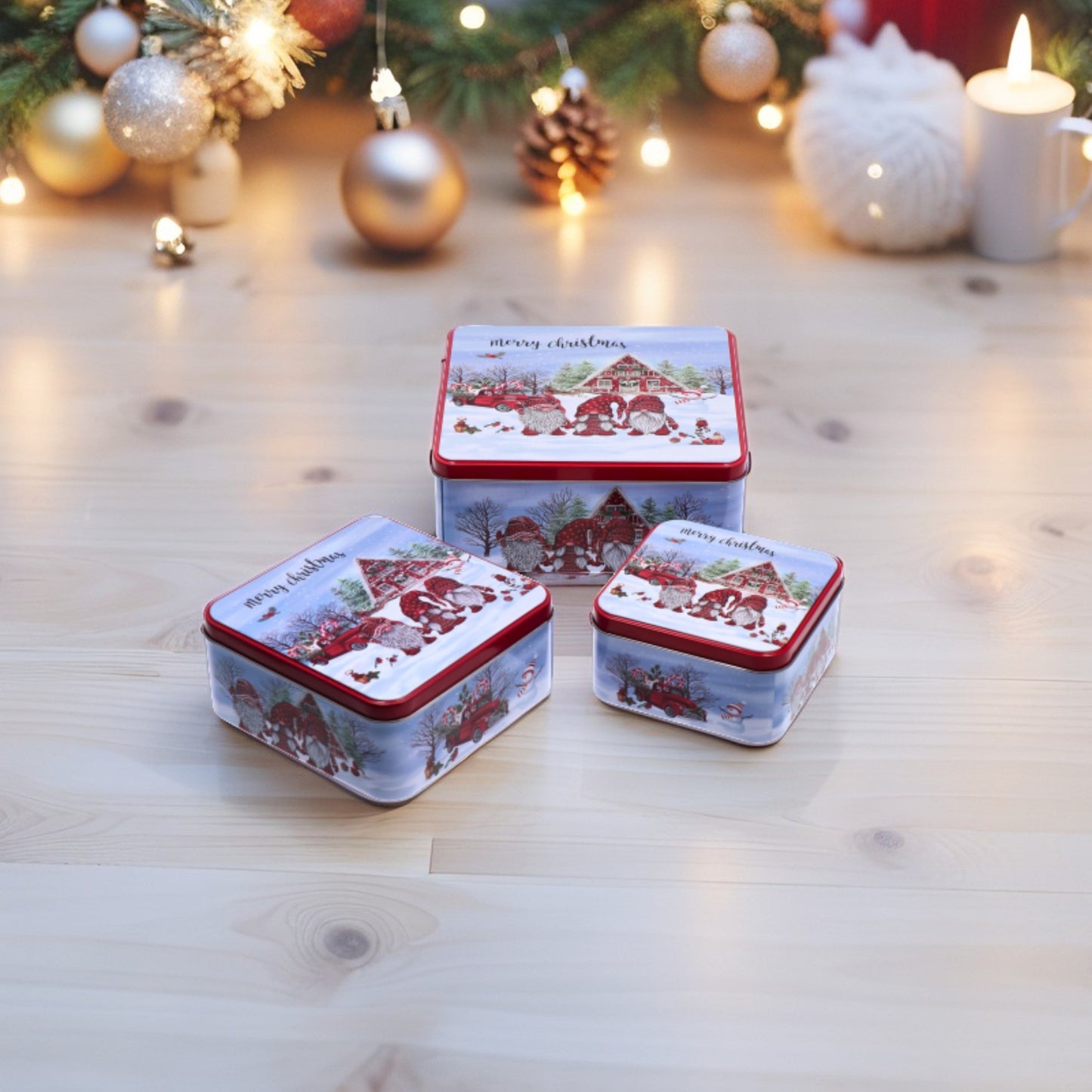 Set 3 Scatole Quadrate Natale in Latta - 2 decori assortiti