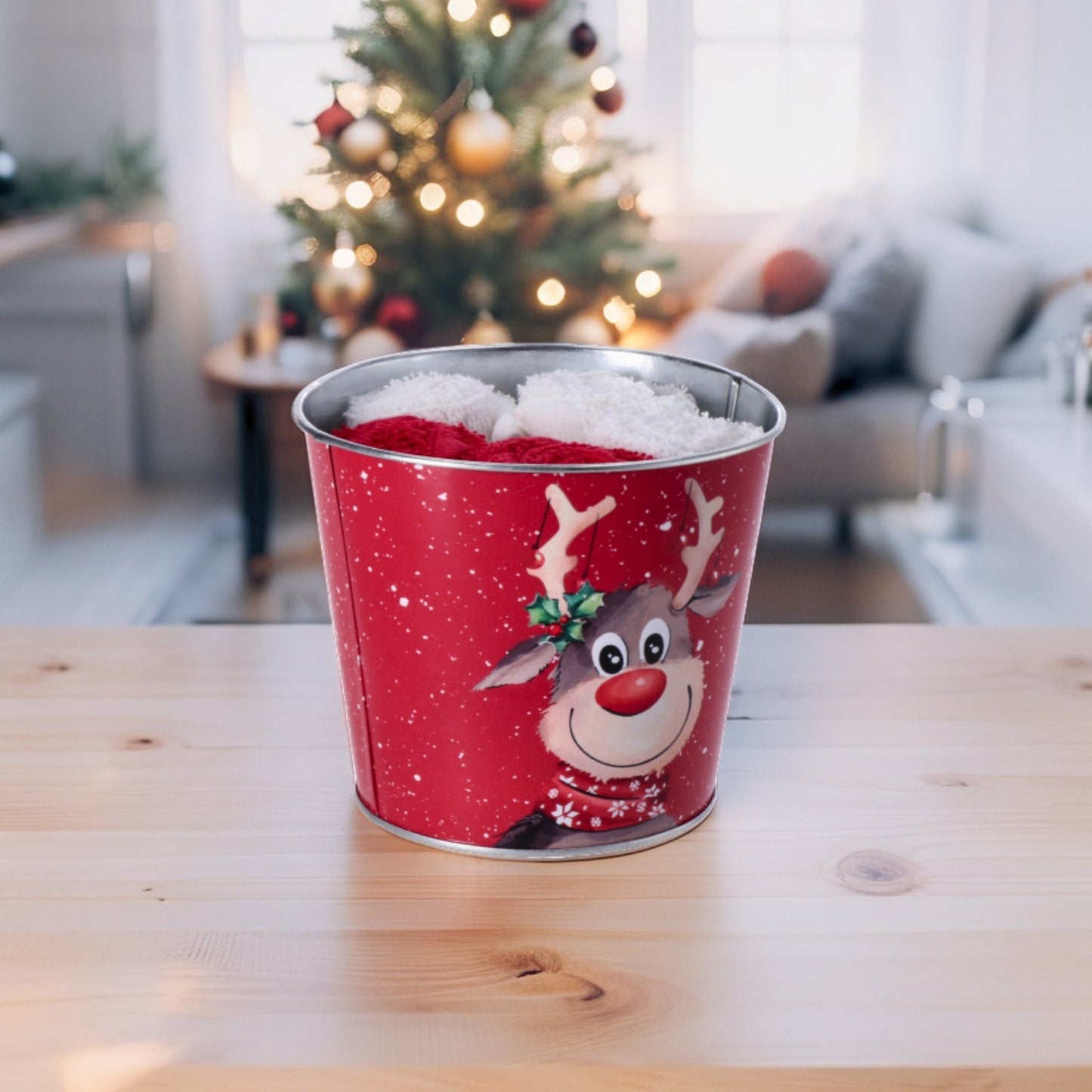 Set 5 Salviette in Cotone con Cestino in Ferro Natale