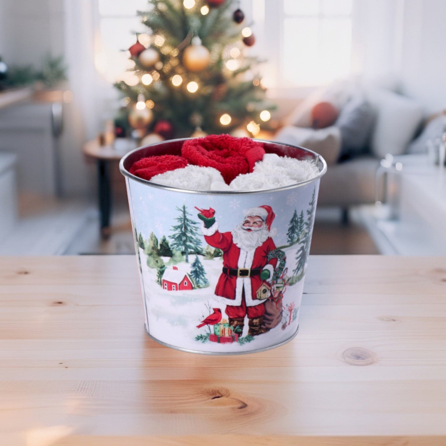 Set 5 Salviette in Cotone con Cestino in Ferro Natale