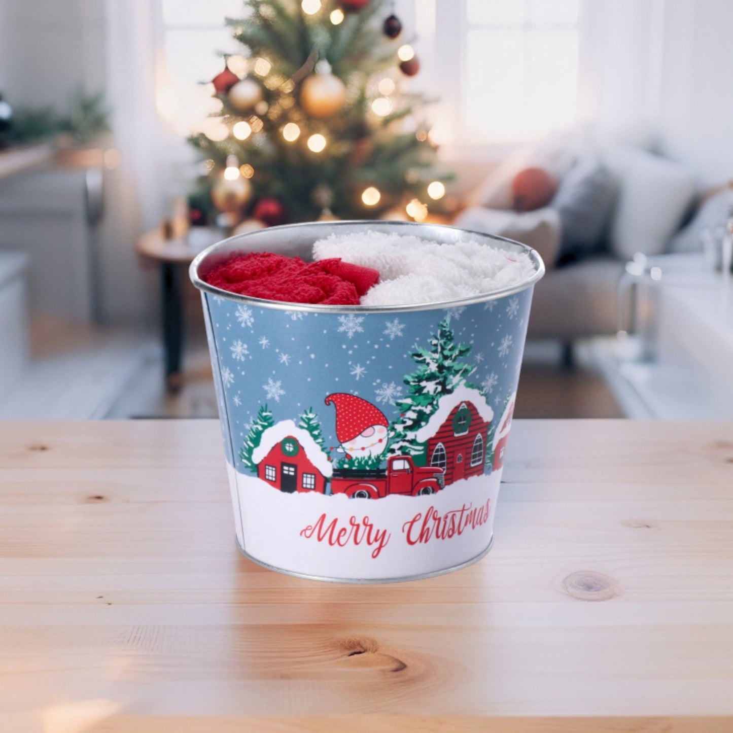 Set 5 Salviette in Cotone con Cestino in Ferro Natale