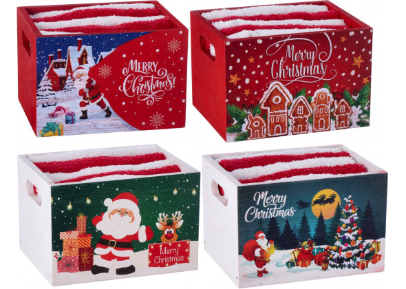 Set 5 Salviette Natale in Cotone con Cestino in Legno