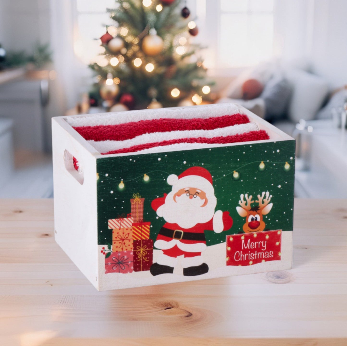 Set 5 Salviette Natale in Cotone con Cestino in Legno