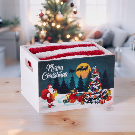 Set 5 Salviette Natale in Cotone con Cestino in Legno