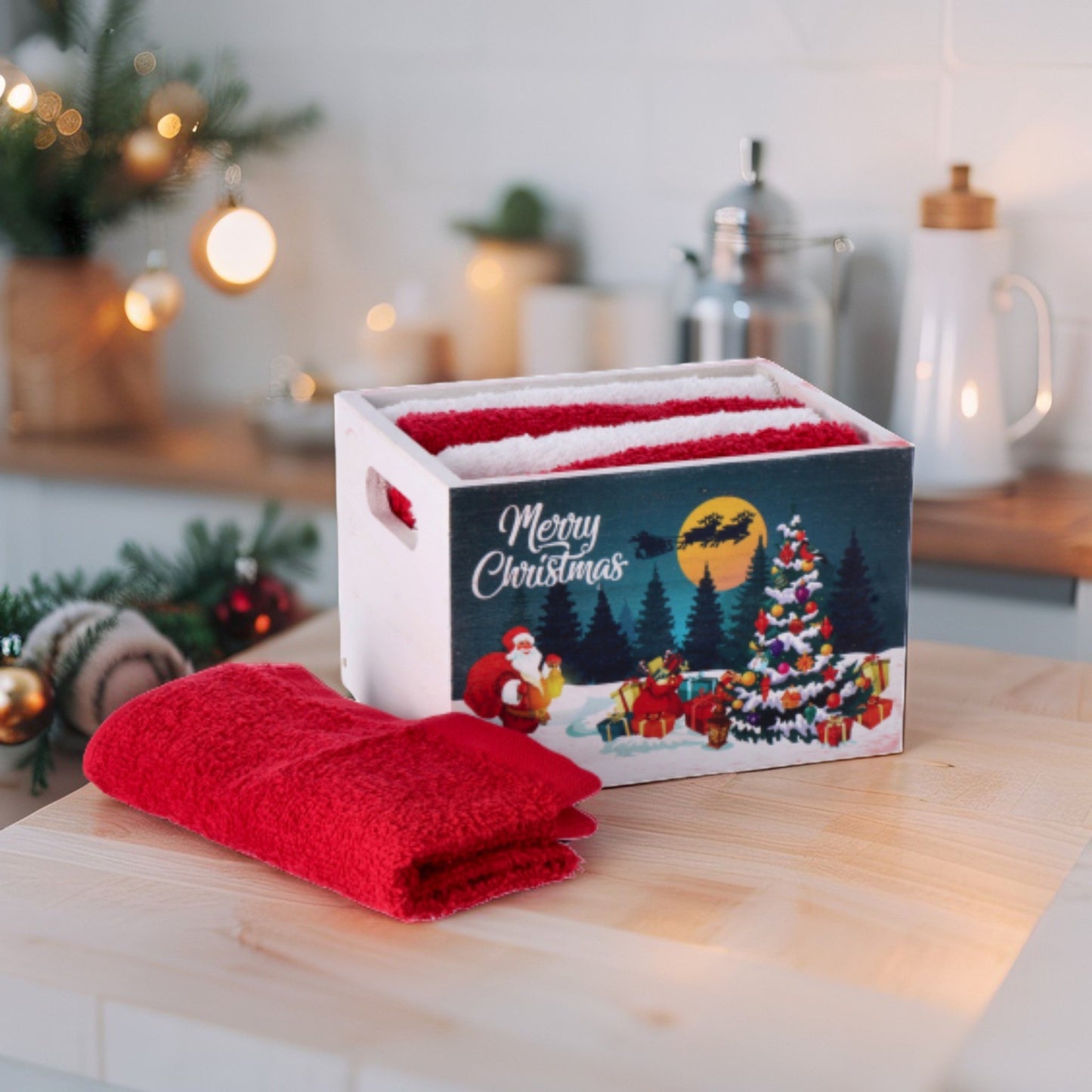 Set 5 Salviette Natale in Cotone con Cestino in Legno