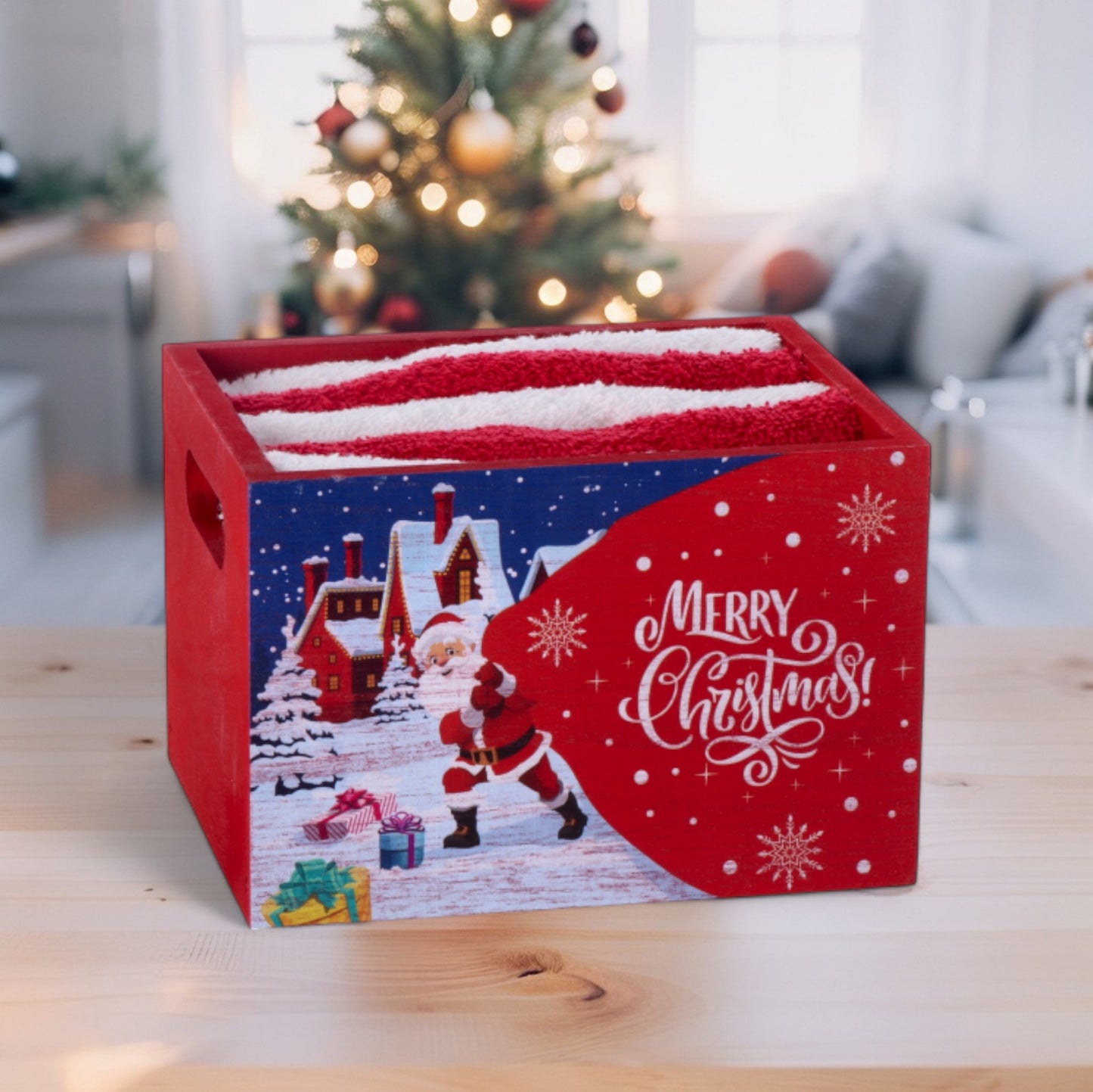 Set 5 Salviette Natale in Cotone con Cestino in Legno