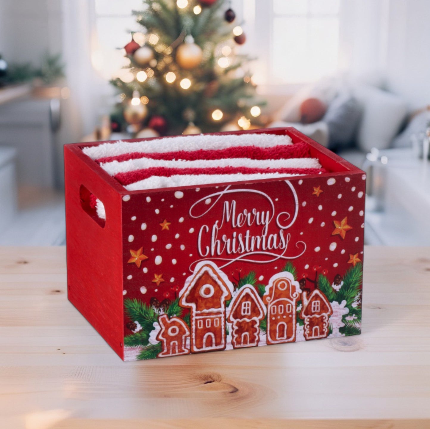 Set 5 Salviette Natale in Cotone con Cestino in Legno