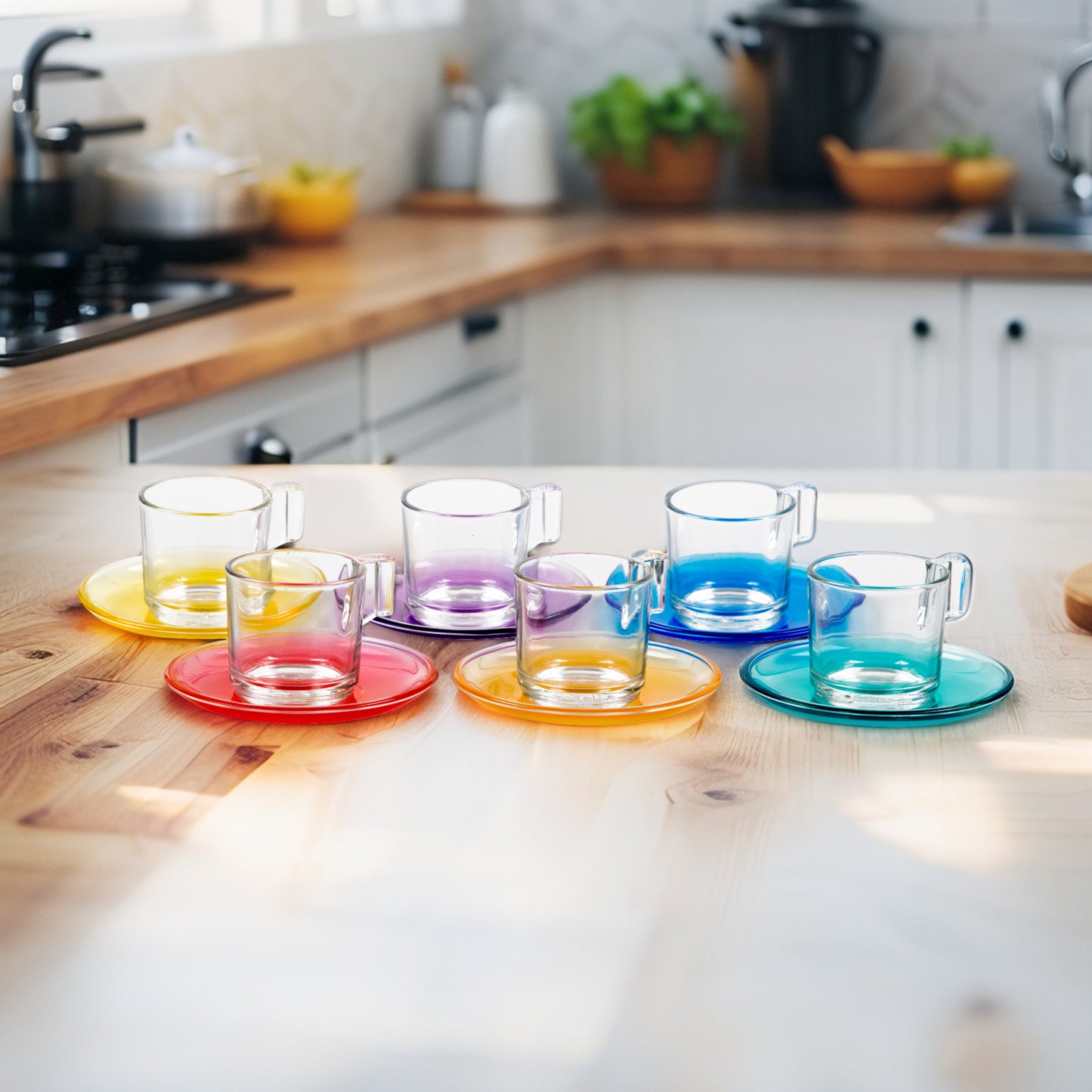 Set of 6 Sea Glass Coffee Cups 90 ml with Saucer