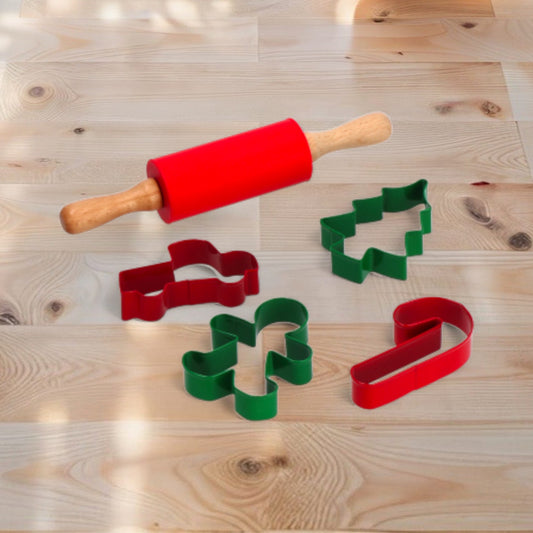 Set 5 Pezzi da Cucina Natale con Mattarello e Formine